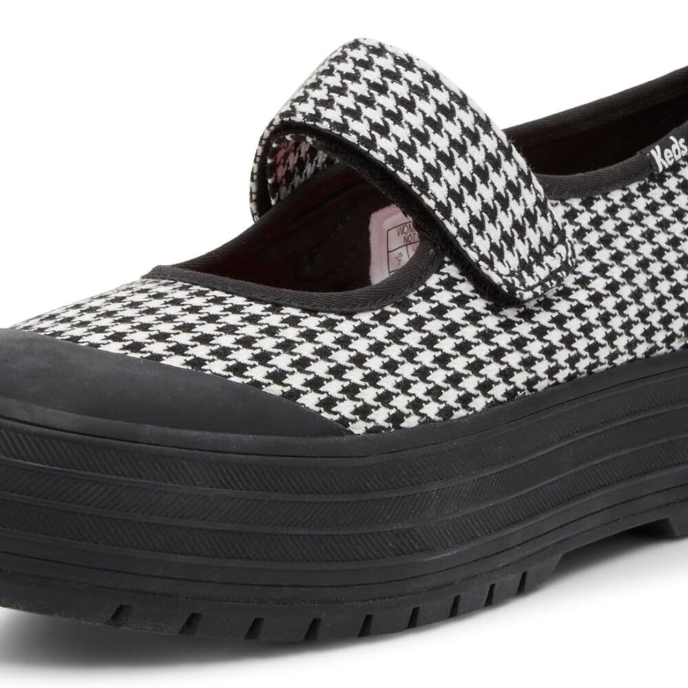 Women's Mary Jane Flats Canvas Black White Houndstooth 7.5 Breathable Comfortabl